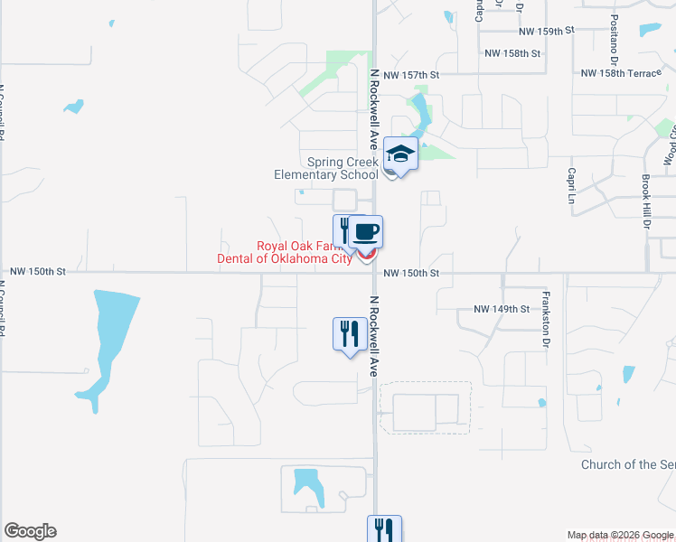 map of restaurants, bars, coffee shops, grocery stores, and more near 7201 Northwest 150th Street in Oklahoma City