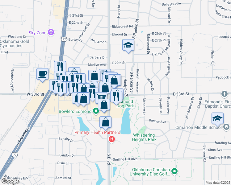 map of restaurants, bars, coffee shops, grocery stores, and more near 3234 South Boulevard in Edmond