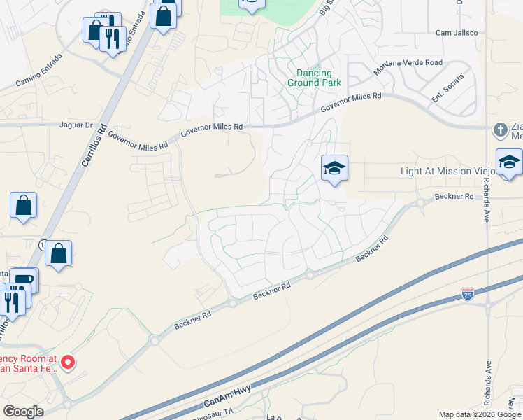 map of restaurants, bars, coffee shops, grocery stores, and more near 4136 Arboles Bonitos in Santa Fe