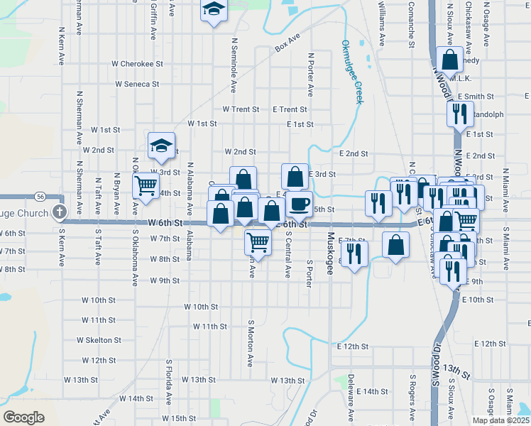 map of restaurants, bars, coffee shops, grocery stores, and more near 101 East 6th Street in Okmulgee