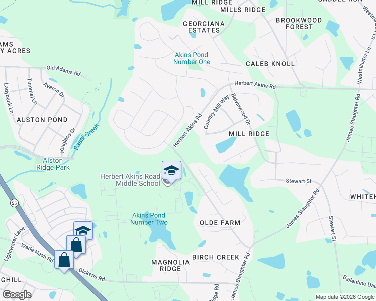map of restaurants, bars, coffee shops, grocery stores, and more near 2400 Herbert Akins Road in Fuquay-Varina