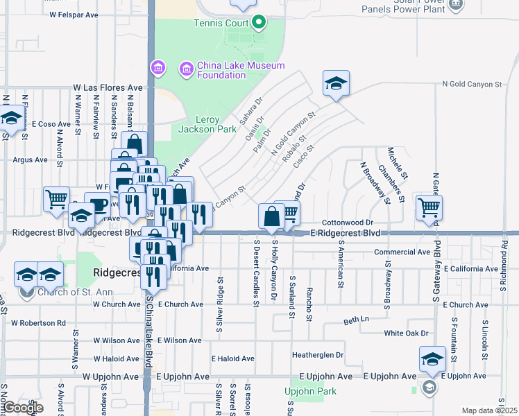 map of restaurants, bars, coffee shops, grocery stores, and more near 323 Arondo Street in Ridgecrest