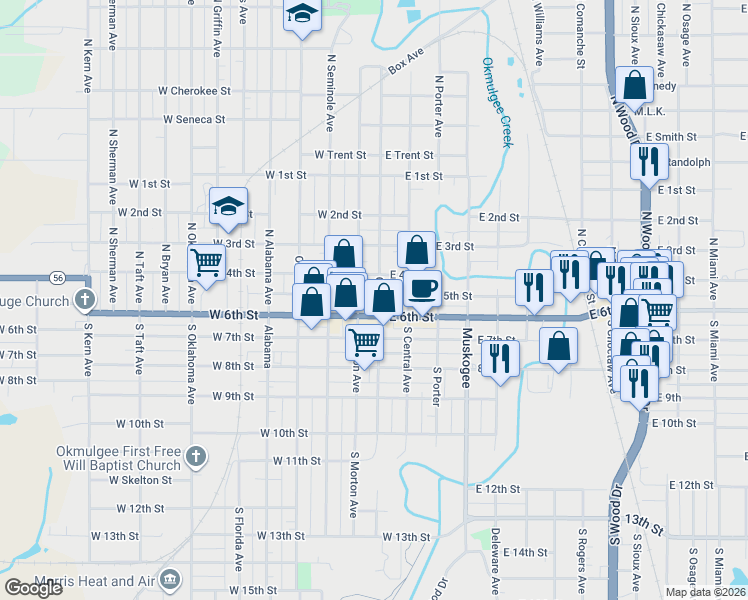 map of restaurants, bars, coffee shops, grocery stores, and more near 114 North Grand Avenue in Okmulgee