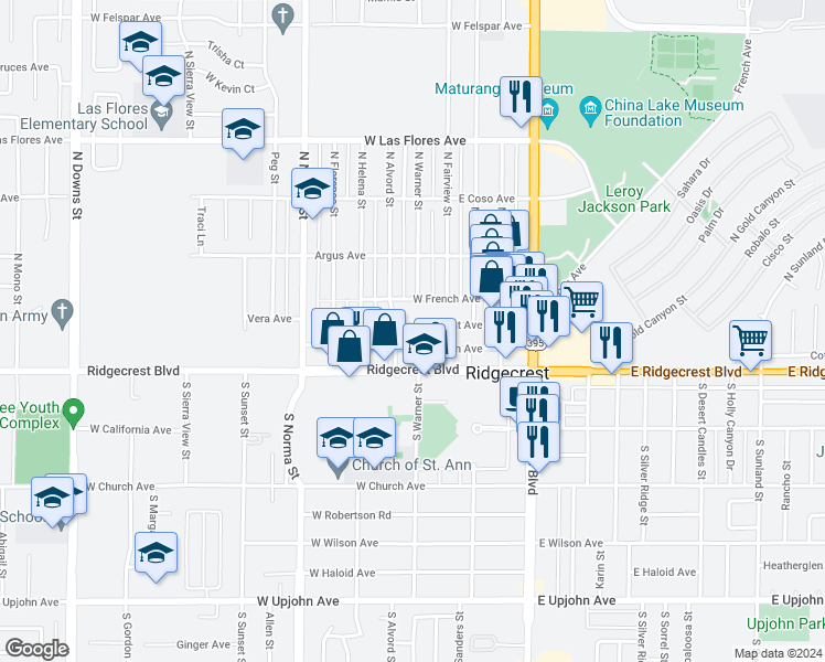 map of restaurants, bars, coffee shops, grocery stores, and more near 301 Panamint Avenue in Ridgecrest
