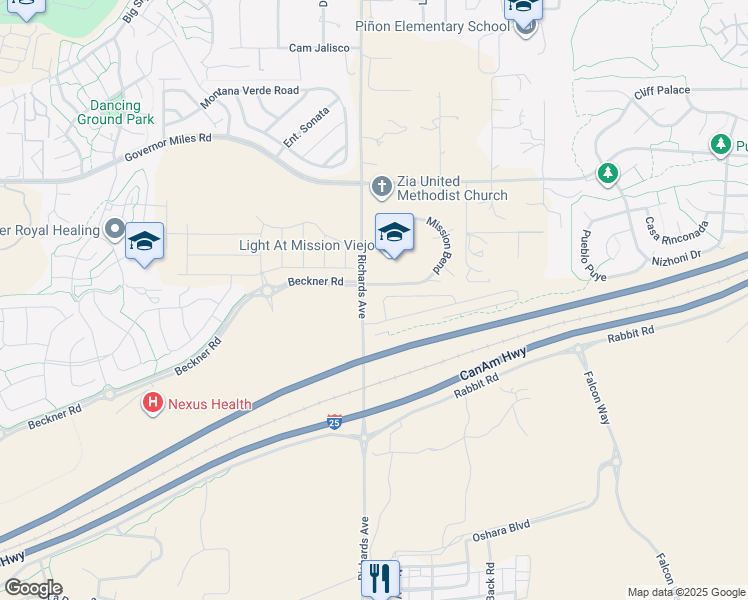 map of restaurants, bars, coffee shops, grocery stores, and more near 5406 Richards Avenue in Santa Fe