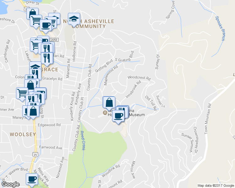 map of restaurants, bars, coffee shops, grocery stores, and more near 9 Woodcrest Road in Asheville