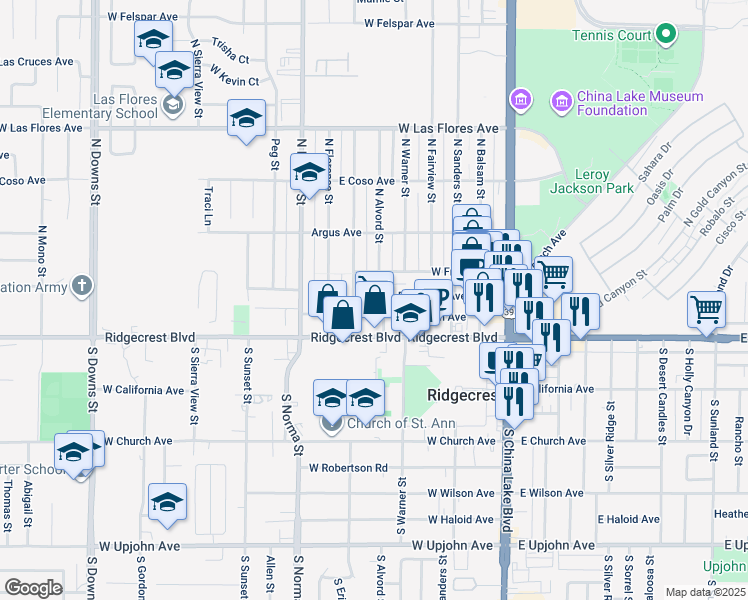 map of restaurants, bars, coffee shops, grocery stores, and more near 312 West Station Avenue in Ridgecrest