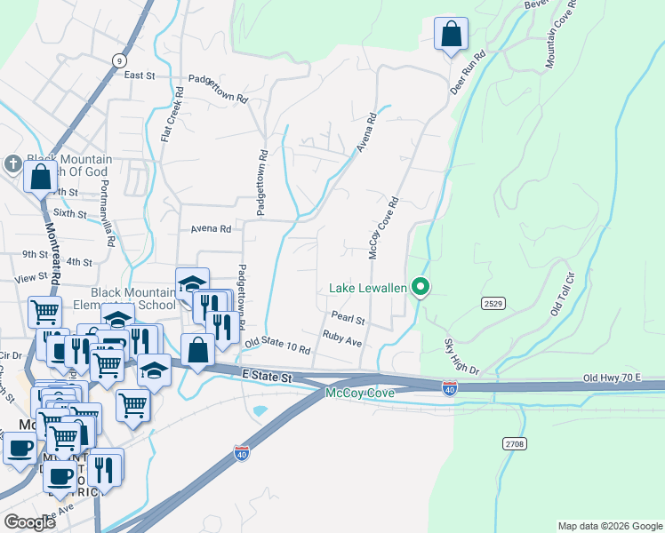 map of restaurants, bars, coffee shops, grocery stores, and more near 49 Pearl Avenue in Black Mountain