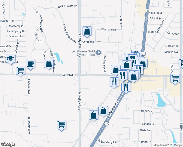 map of restaurants, bars, coffee shops, grocery stores, and more near 3224 Teakwood Lane in Edmond