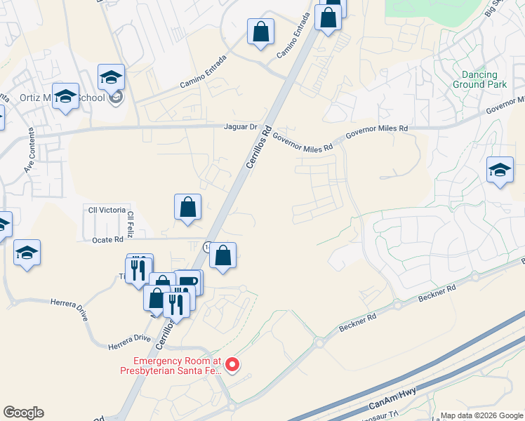 map of restaurants, bars, coffee shops, grocery stores, and more near 6680 Cerrillos Road in Santa Fe