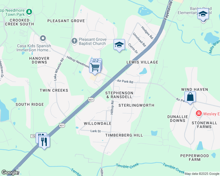 map of restaurants, bars, coffee shops, grocery stores, and more near 3400 North Main Street in Fuquay Varina