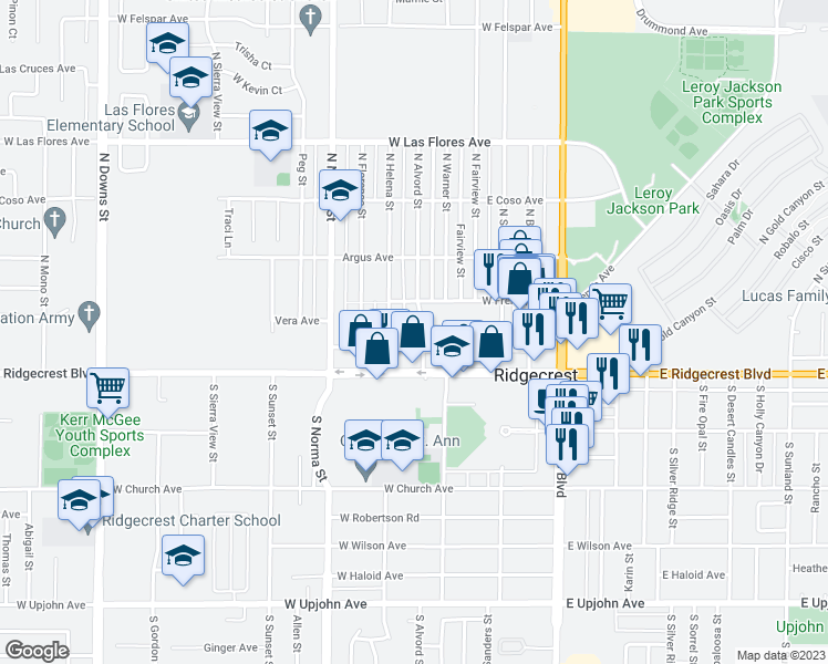 map of restaurants, bars, coffee shops, grocery stores, and more near 135 North Alvord Street in Ridgecrest
