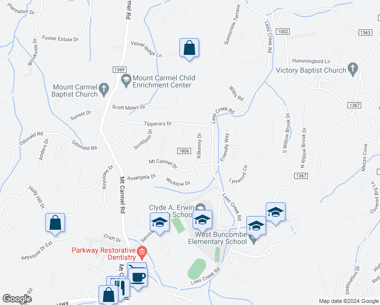 map of restaurants, bars, coffee shops, grocery stores, and more near 26 Waterford Court in Asheville