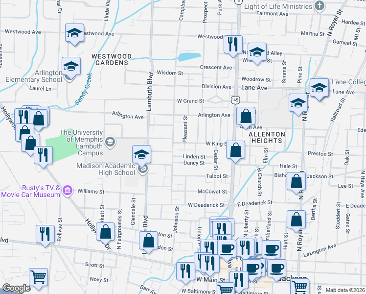 map of restaurants, bars, coffee shops, grocery stores, and more near 273 Linden Street in Jackson
