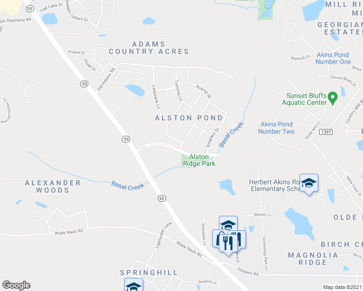 map of restaurants, bars, coffee shops, grocery stores, and more near 2408 Averon Drive in Holly Springs