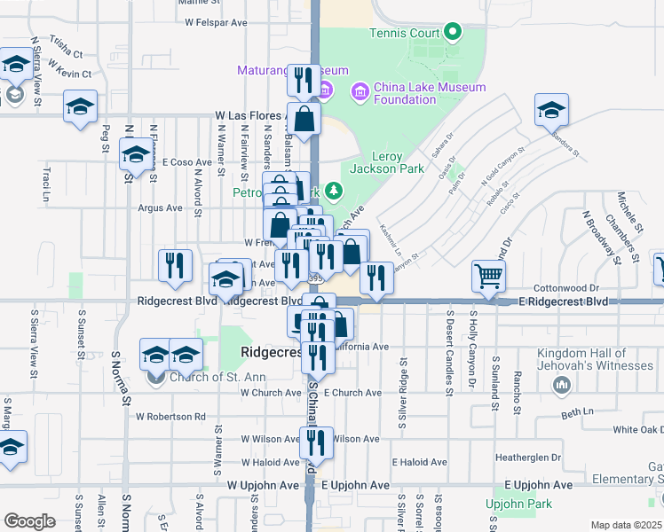 map of restaurants, bars, coffee shops, grocery stores, and more near 144 North China Lake Boulevard in Ridgecrest