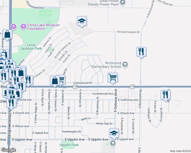 map of restaurants, bars, coffee shops, grocery stores, and more near 119 North Broadway Street in Ridgecrest