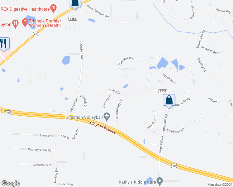 map of restaurants, bars, coffee shops, grocery stores, and more near 115 Corvina Drive in Clayton