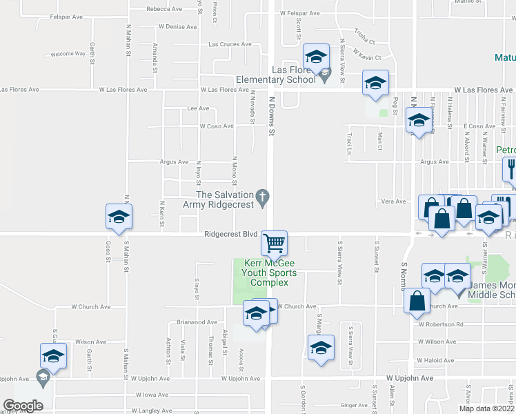 map of restaurants, bars, coffee shops, grocery stores, and more near 151 North Downs Street in Ridgecrest