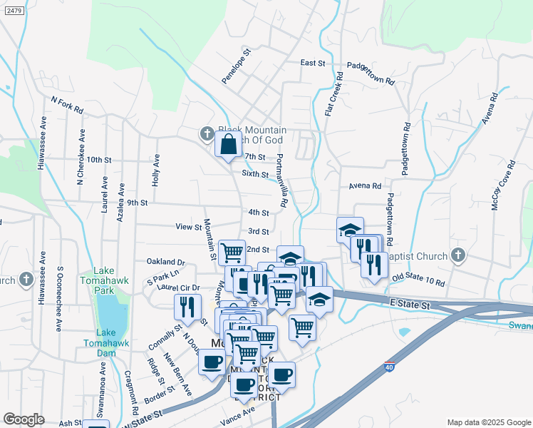 map of restaurants, bars, coffee shops, grocery stores, and more near 108 4th St in Black Mountain