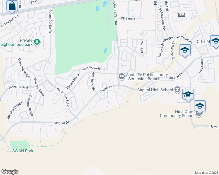 map of restaurants, bars, coffee shops, grocery stores, and more near 6600 Jaguar Drive in Santa Fe
