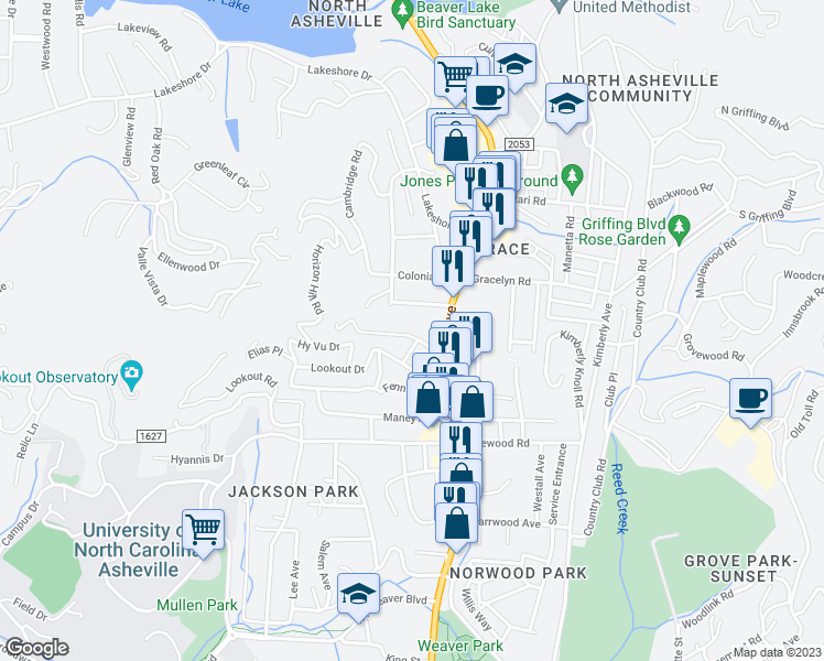 map of restaurants, bars, coffee shops, grocery stores, and more near 31 Larchmont Road in Asheville