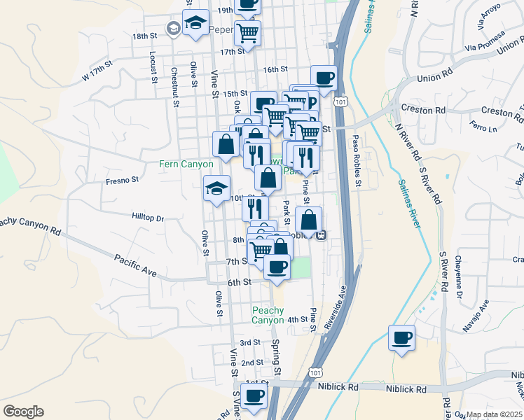map of restaurants, bars, coffee shops, grocery stores, and more near 939 Spring St in Paso Robles