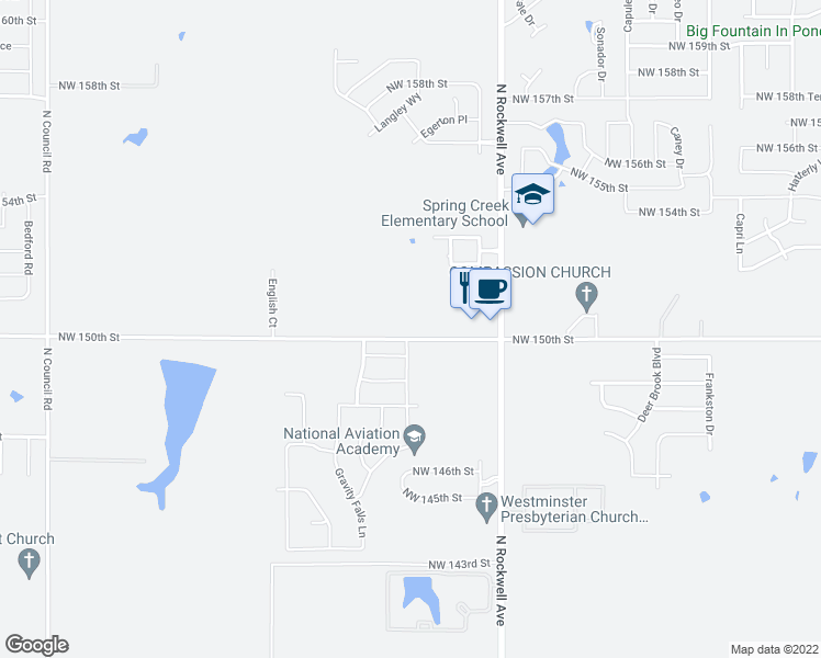 map of restaurants, bars, coffee shops, grocery stores, and more near 7301 Northwest 150th Street in Oklahoma City