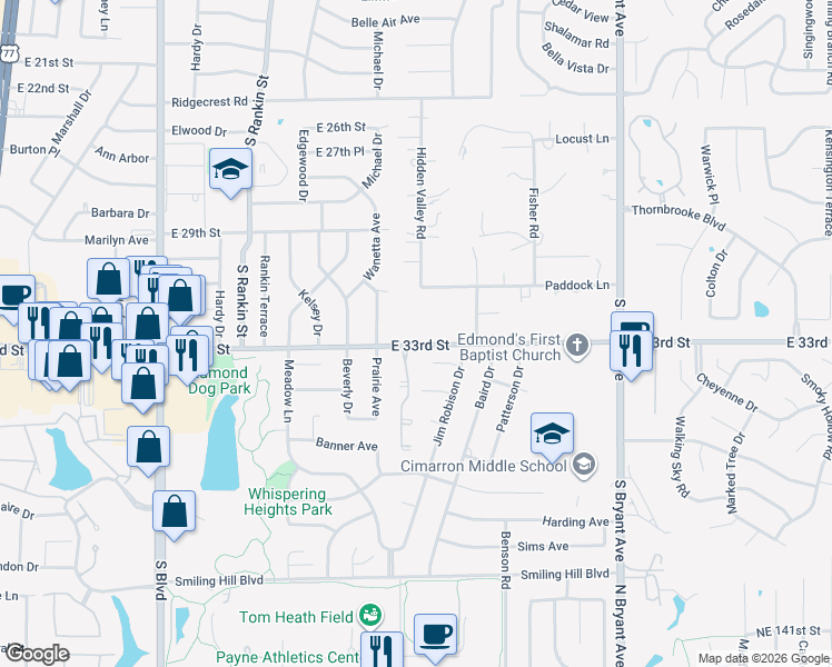 map of restaurants, bars, coffee shops, grocery stores, and more near 869 East 33rd Street in Edmond