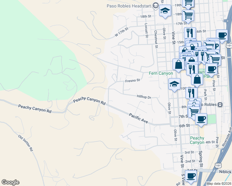 map of restaurants, bars, coffee shops, grocery stores, and more near 87 Hilltop Drive in Paso Robles