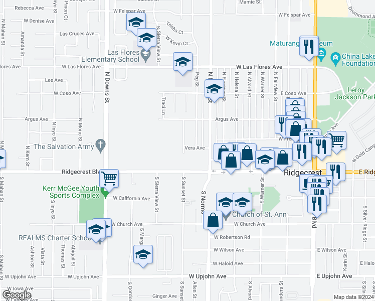 map of restaurants, bars, coffee shops, grocery stores, and more near 517 Vera Avenue in Ridgecrest