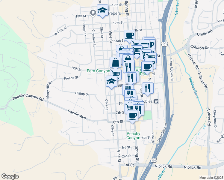 map of restaurants, bars, coffee shops, grocery stores, and more near 421 9th Street in Paso Robles