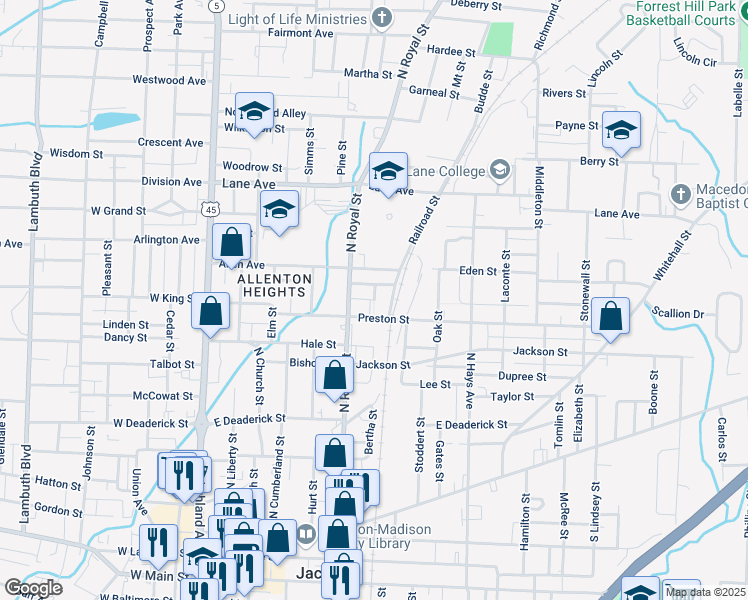 map of restaurants, bars, coffee shops, grocery stores, and more near Preston Alley in Jackson