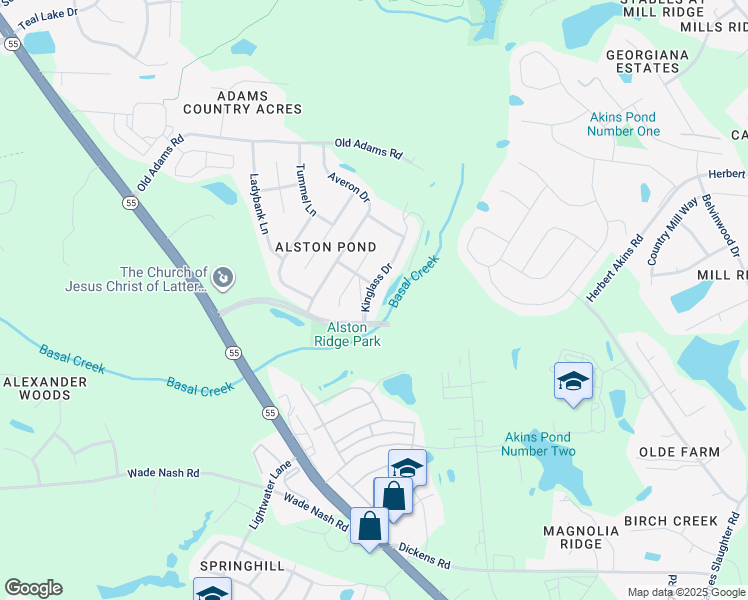 map of restaurants, bars, coffee shops, grocery stores, and more near 2418 Kinglass Drive in Fuquay Varina