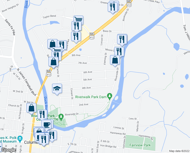 map of restaurants, bars, coffee shops, grocery stores, and more near 401 5th Avenue in Columbia