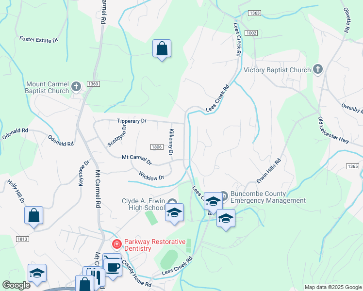 map of restaurants, bars, coffee shops, grocery stores, and more near 88 Lees Creek Road in Asheville