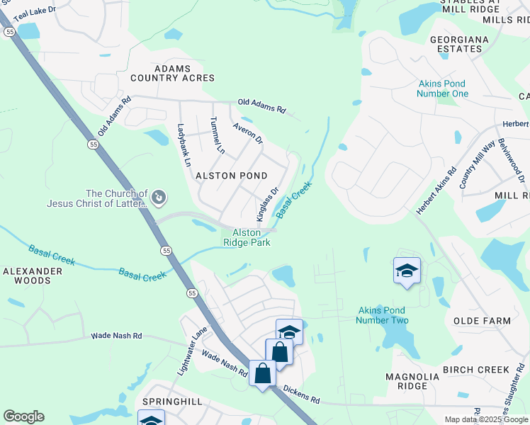 map of restaurants, bars, coffee shops, grocery stores, and more near 2418 Kinglass Drive in Fuquay Varina