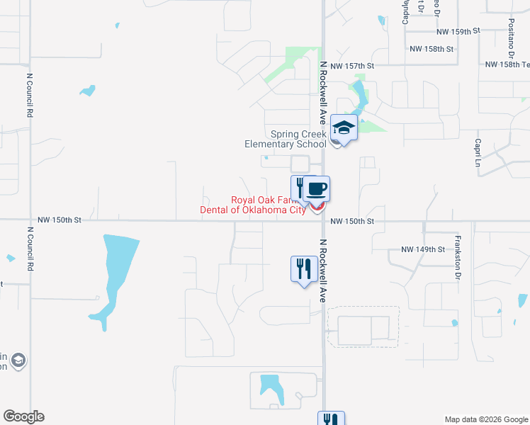 map of restaurants, bars, coffee shops, grocery stores, and more near 7301 Northwest 150th Street in Oklahoma City