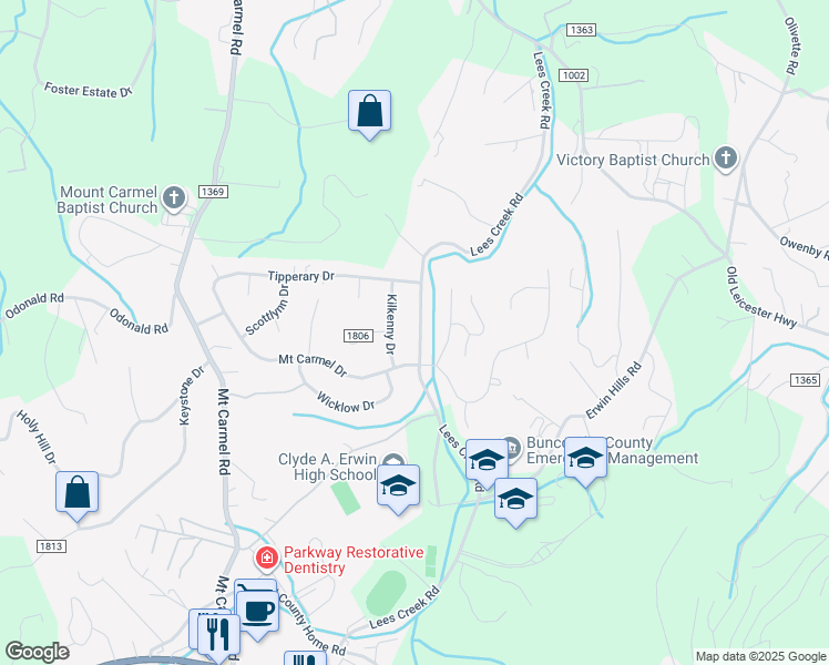map of restaurants, bars, coffee shops, grocery stores, and more near 88 Lees Creek Road in Asheville