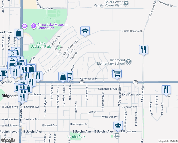 map of restaurants, bars, coffee shops, grocery stores, and more near 120 Jacquelyn Court in Ridgecrest