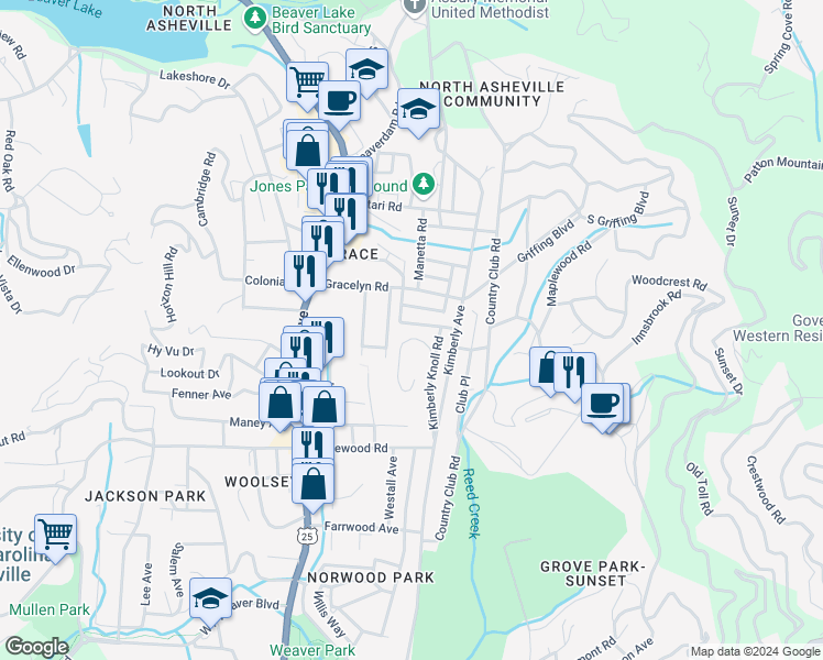 map of restaurants, bars, coffee shops, grocery stores, and more near 22 Warwick Place in Asheville
