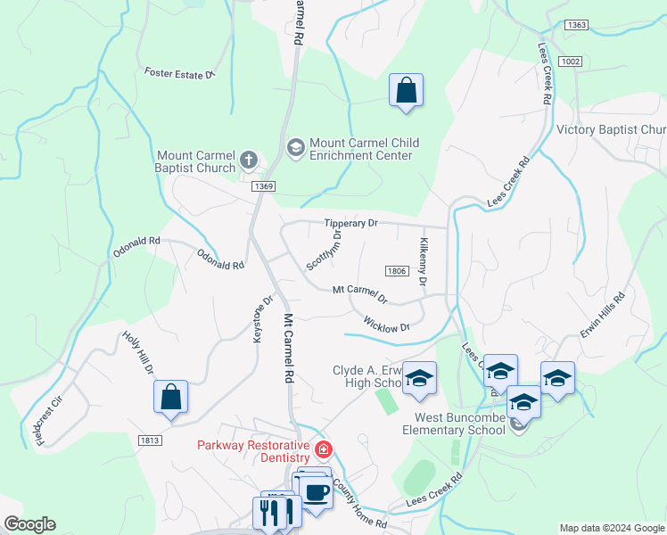 map of restaurants, bars, coffee shops, grocery stores, and more near 199 Scottlynn Court in Asheville