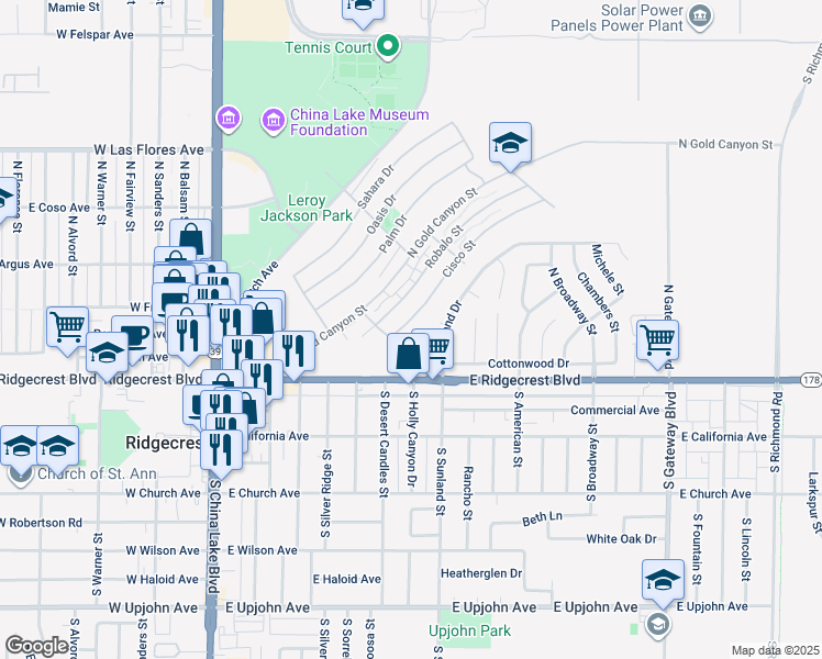 map of restaurants, bars, coffee shops, grocery stores, and more near 323 Arondo Street in Ridgecrest