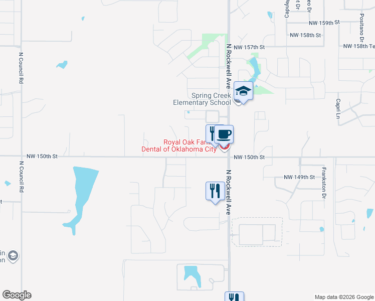 map of restaurants, bars, coffee shops, grocery stores, and more near 7301 Northwest 150th Street in Oklahoma City