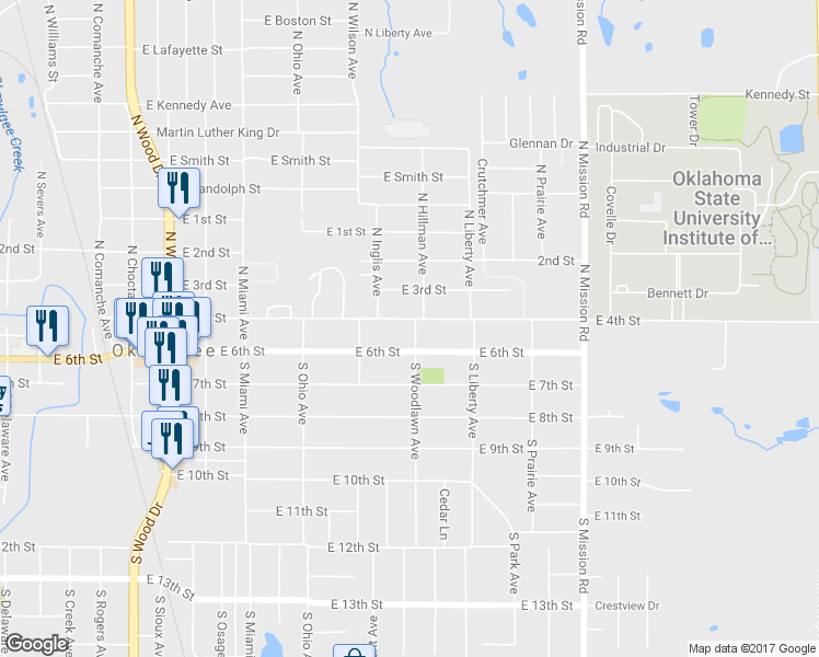 map of restaurants, bars, coffee shops, grocery stores, and more near 1501 East 6th Street in Okmulgee