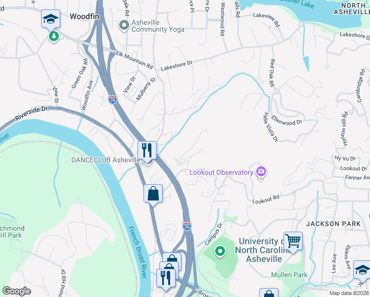 map of restaurants, bars, coffee shops, grocery stores, and more near 47 Chestnut Ridge Avenue in Woodfin