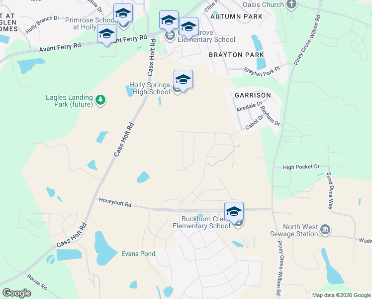 map of restaurants, bars, coffee shops, grocery stores, and more near 1000 Piney Grove-Wilbon Road in Holly Springs