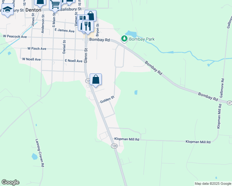 map of restaurants, bars, coffee shops, grocery stores, and more near 215 Golden Street in Denton