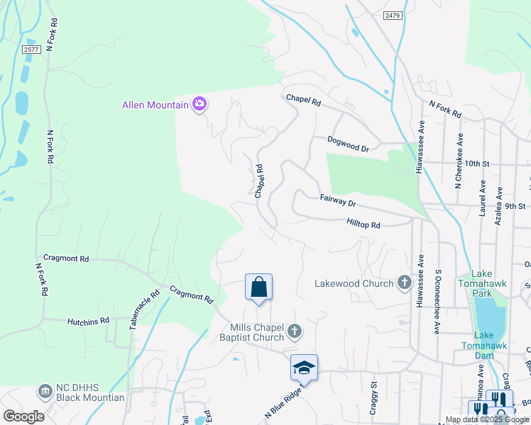 map of restaurants, bars, coffee shops, grocery stores, and more near 459 Chapel Road in Black Mountain