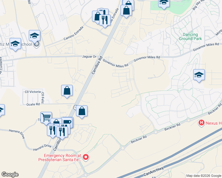 map of restaurants, bars, coffee shops, grocery stores, and more near 6680 Cerrillos Road in Santa Fe